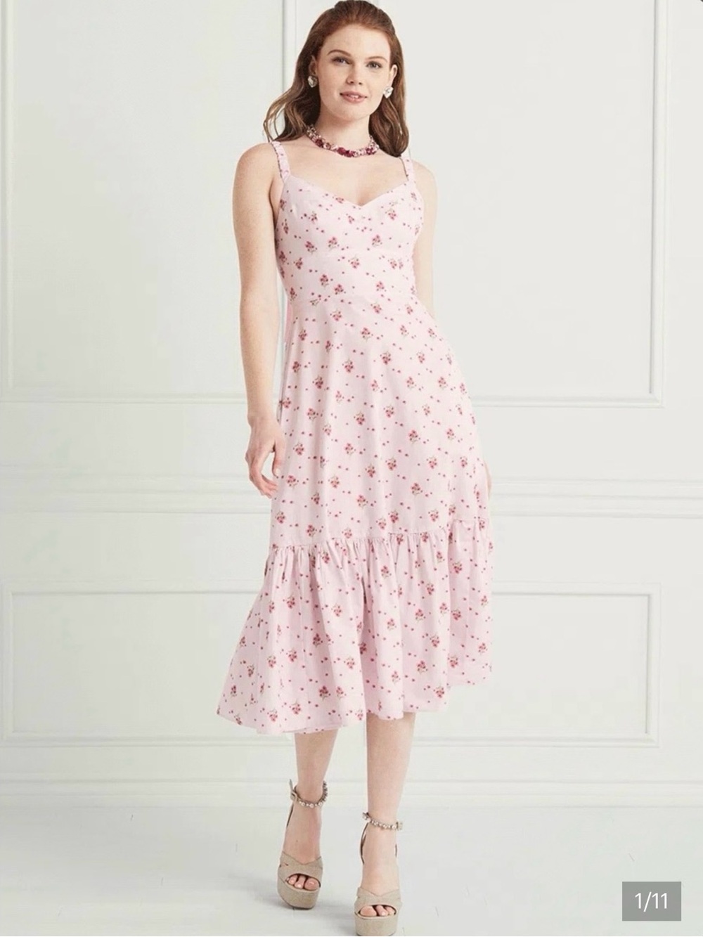 Hill House Solange Midi Dress in Pink Ditsy - Like New - Size XS